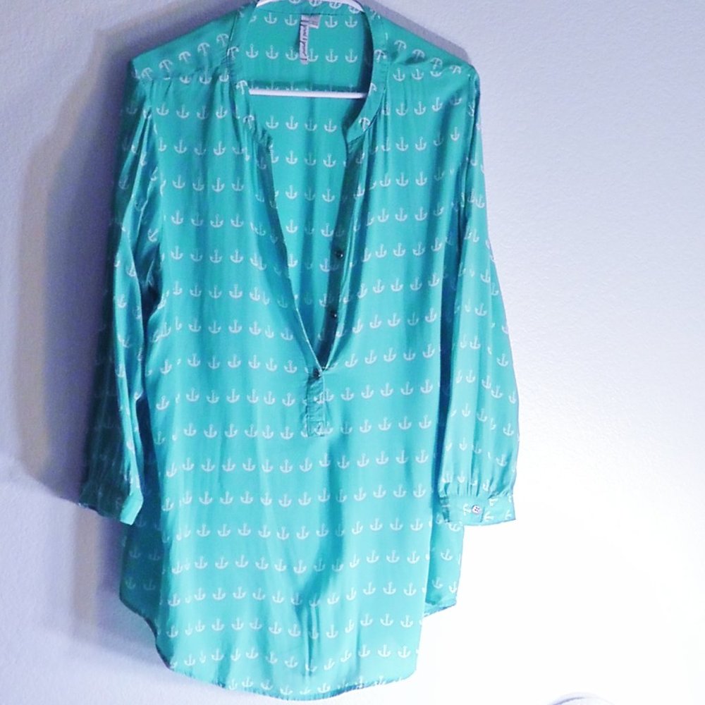 Anthropologie Long Sleeve Blouse Blue/White Womens